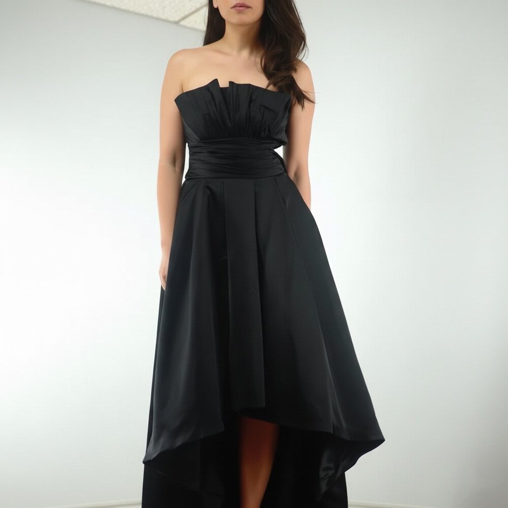 WHBM Black Duchess Satin Strapless High Low Hem Ball Gown with Pockets, sz 2 XXS